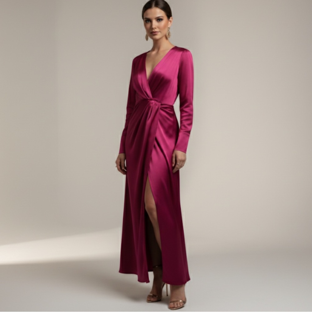 Banana Republic 100% Silk Long Sleeve High Slit Pink Maxi Dress Size 6